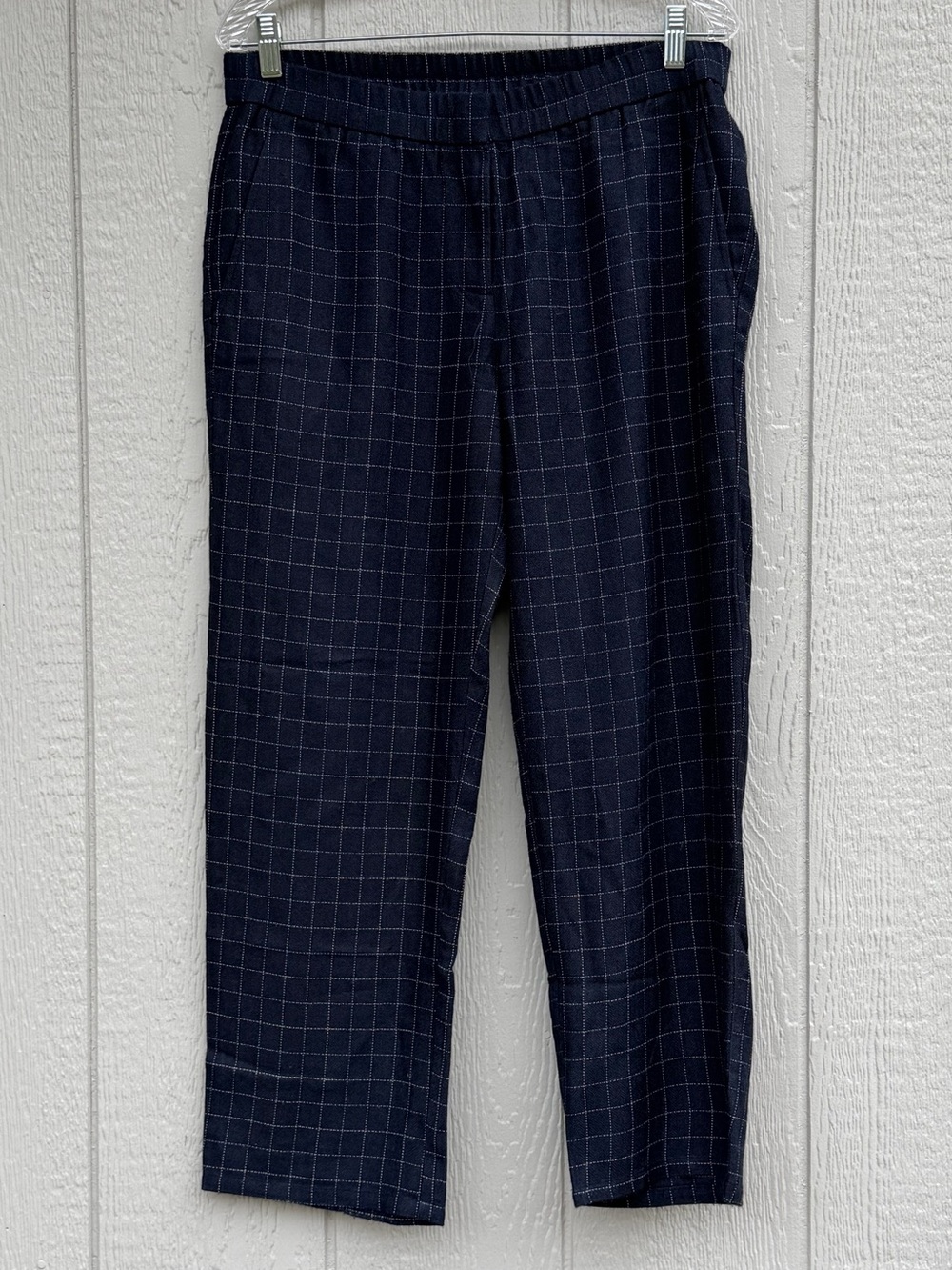 Eileen Fisher S Blue Tencel Silk Pants White Grid Pattern